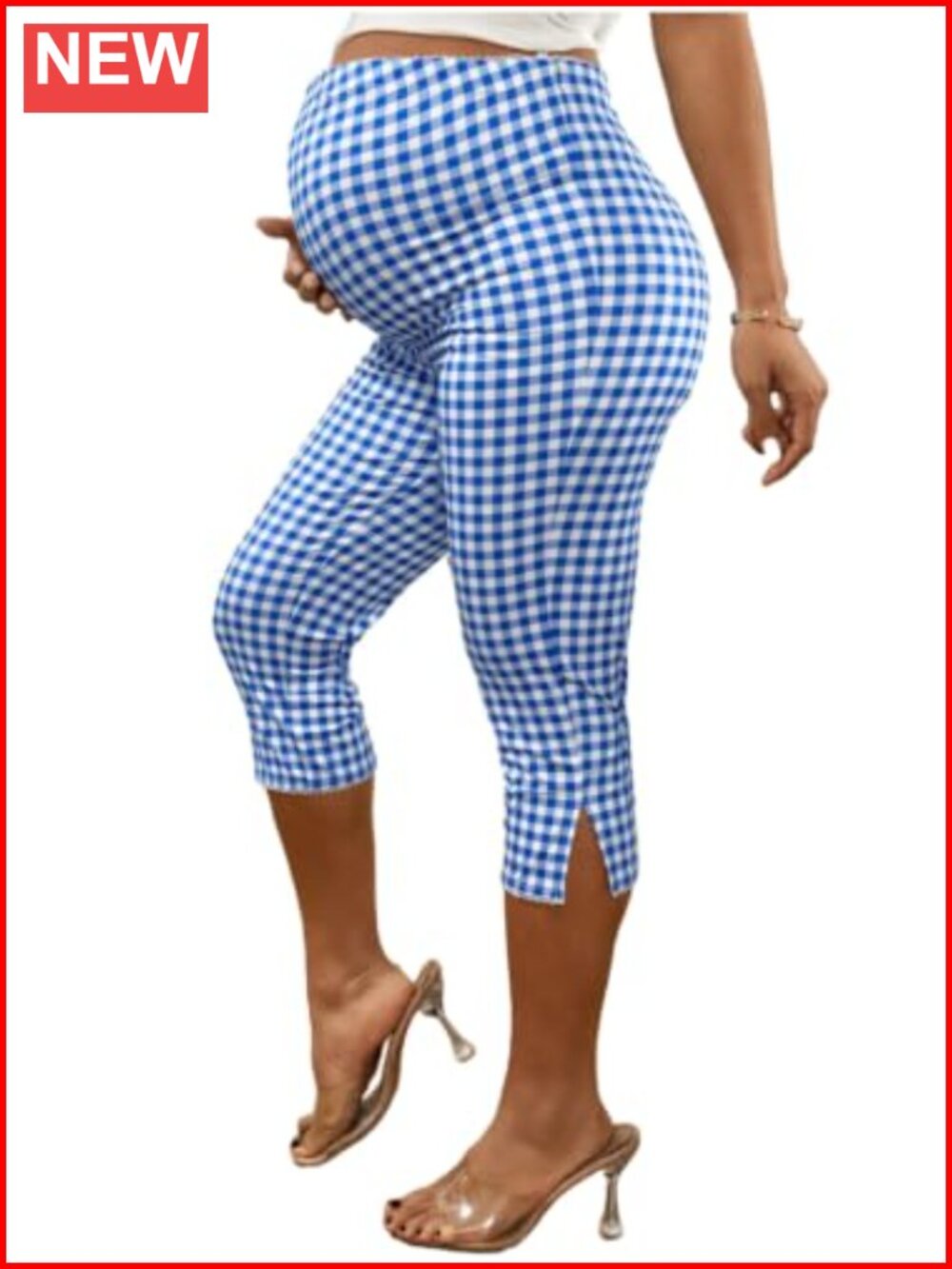 High Waist Maternity Capri Leggings Plaid Pull On Stretchy